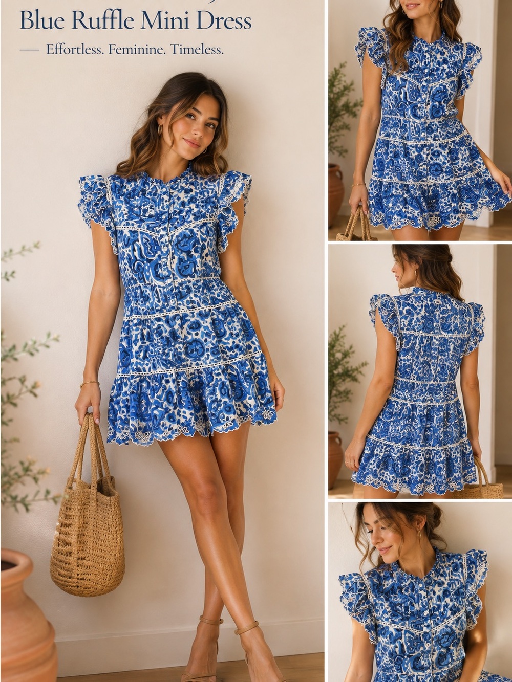 House of Harlow 1960 Blue Ruffle Eyelet Tiered Mini Dress | Coastal Cottagecore